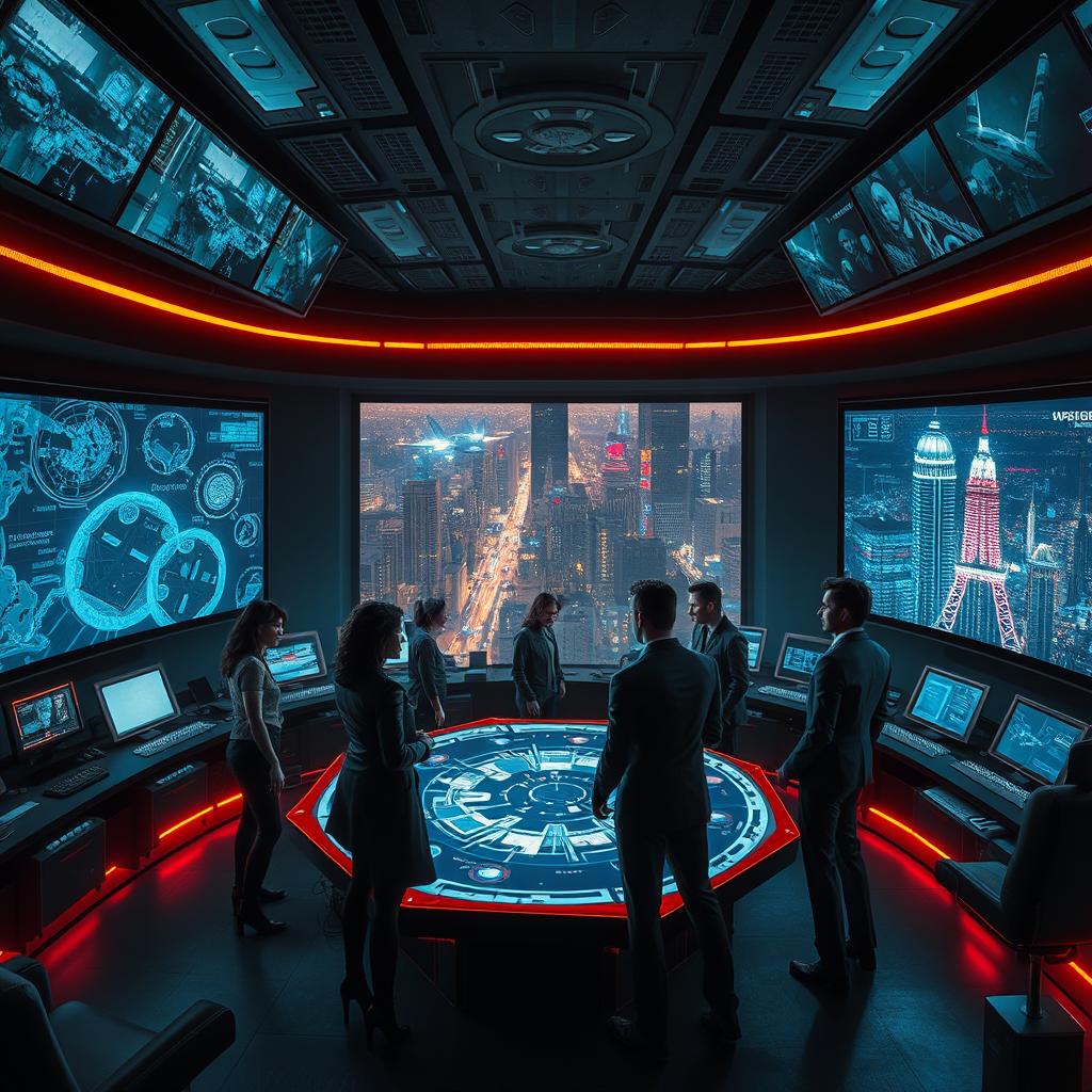 An intense and atmospheric scene from 'The Osiris Agenda', capturing the essence of a conspiracy thriller set in a near-future world