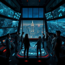 An intense and atmospheric scene from 'The Osiris Agenda', capturing the essence of a conspiracy thriller set in a near-future world