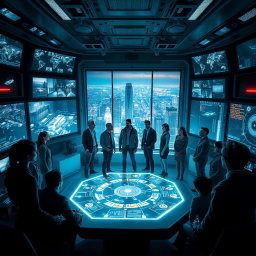 An intense and atmospheric scene from 'The Osiris Agenda', capturing the essence of a conspiracy thriller set in a near-future world