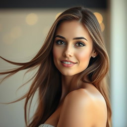 A portrait of a beautiful woman with long flowing hair, standing against a softly lit background