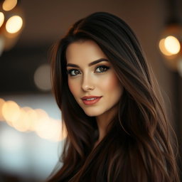 A portrait of a beautiful woman with long flowing hair, standing against a softly lit background