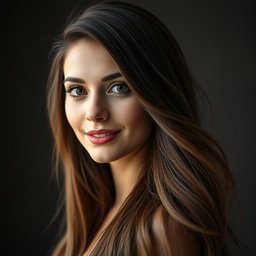 A portrait of a beautiful woman with long flowing hair, standing against a softly lit background