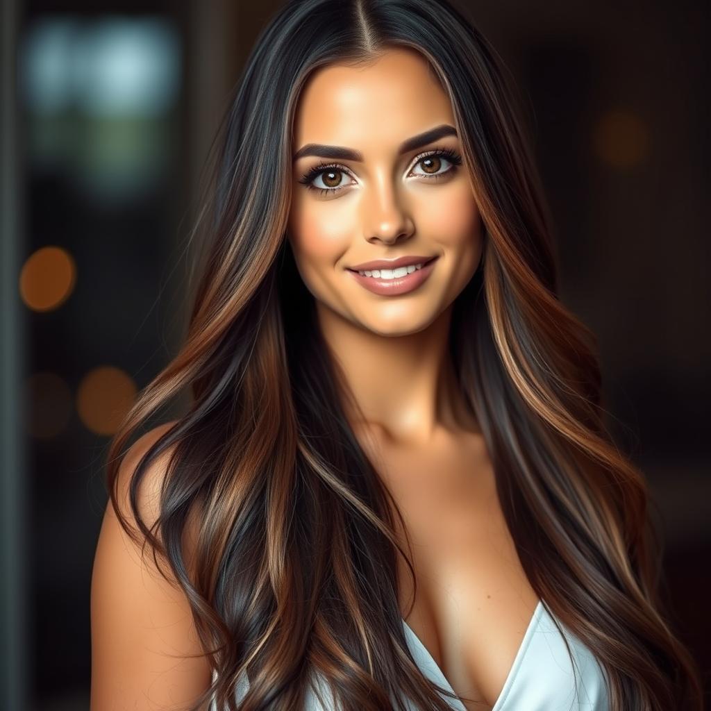 A portrait of a beautiful woman with long flowing hair, standing against a softly lit background