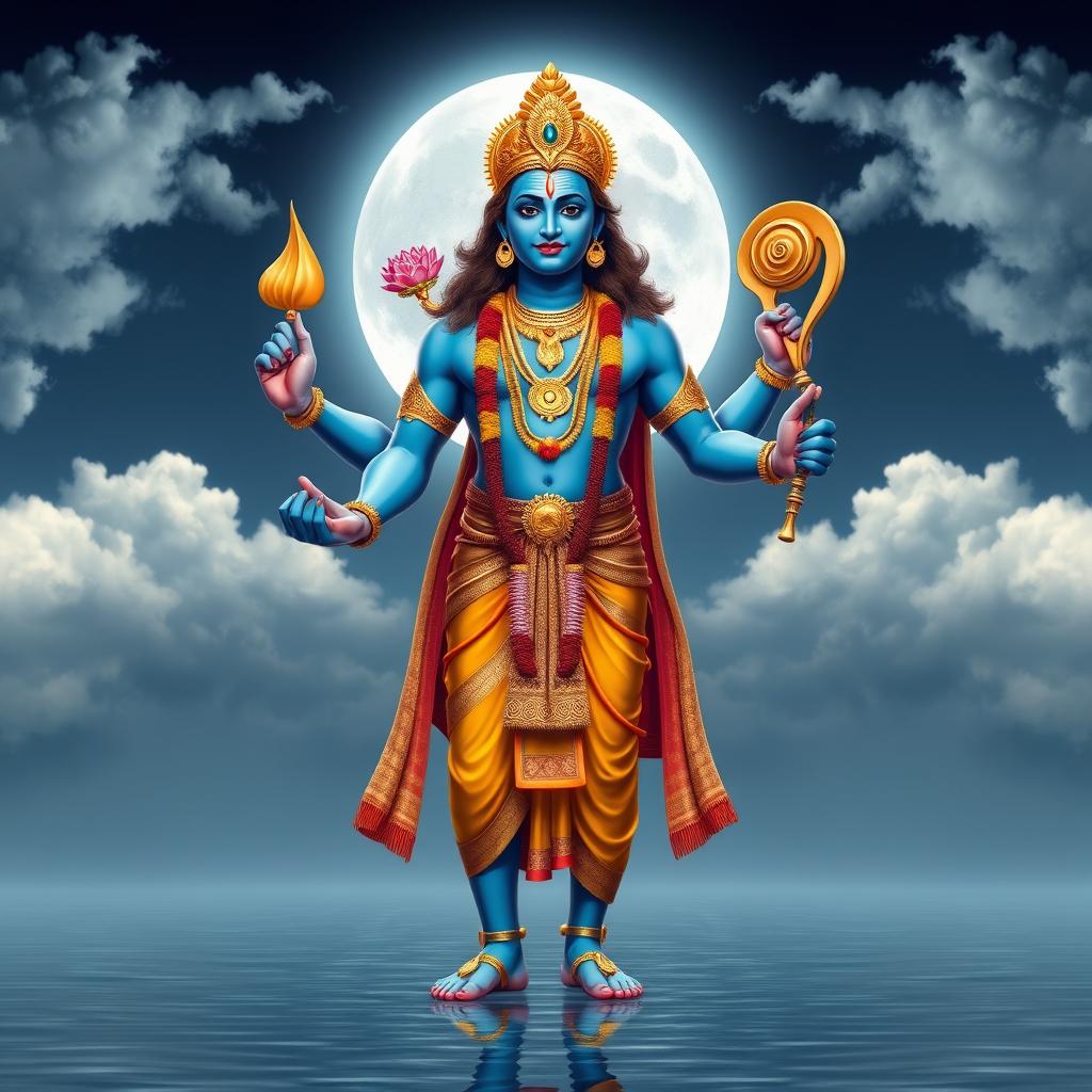 A full-body depiction of Lord Vishnu standing majestically, with the serene and luminous full moon glowing brightly behind him