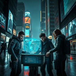 An intense and suspenseful image inspired by 'The Osiris Agenda', depicting a scene from a conspiracy thriller set in a near-future world