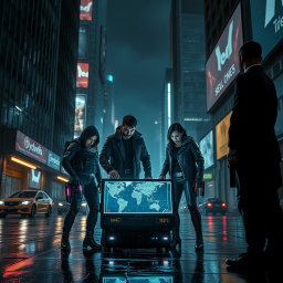 An intense and suspenseful image inspired by 'The Osiris Agenda', depicting a scene from a conspiracy thriller set in a near-future world