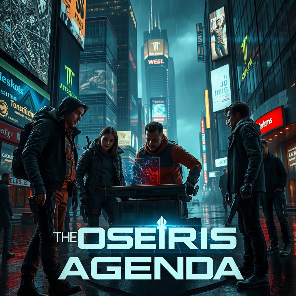 An intense and suspenseful image inspired by 'The Osiris Agenda', depicting a scene from a conspiracy thriller set in a near-future world