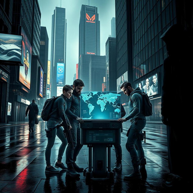 An intense and suspenseful image inspired by 'The Osiris Agenda', depicting a scene from a conspiracy thriller set in a near-future world