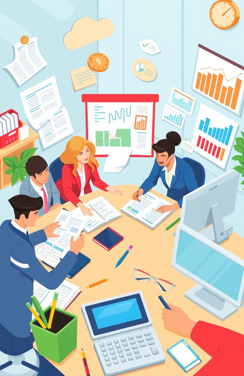 A stylized and engaging illustration representing the foundations of accounting, featuring elements such as financial statements, ledgers, calculators, and graphs