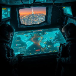 An electrifying and suspenseful image inspired by 'The Osiris Agenda', set in a near-future world filled with conspiracy and intrigue