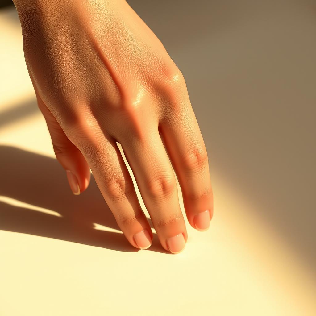 A close-up of a human hand holding a smooth, hairless surface, showcasing the skin's texture and details