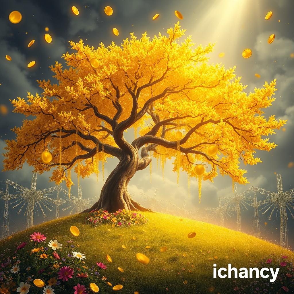 An enchanting scene of a golden tree, its branches elegantly spreading wide, with vibrant golden coins cascading down from its leaves and colorful flowers blooming all around it