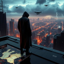 A gripping and dynamic image inspired by 'The Osiris Agenda', set in a near-future urban landscape that embodies the essence of a conspiracy thriller