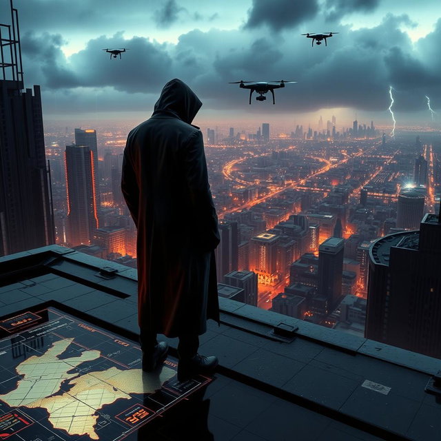 A gripping and dynamic image inspired by 'The Osiris Agenda', set in a near-future urban landscape that embodies the essence of a conspiracy thriller