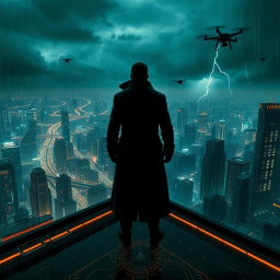 A gripping and dynamic image inspired by 'The Osiris Agenda', set in a near-future urban landscape that embodies the essence of a conspiracy thriller