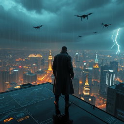 A gripping and dynamic image inspired by 'The Osiris Agenda', set in a near-future urban landscape that embodies the essence of a conspiracy thriller