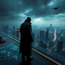 A gripping and dynamic image inspired by 'The Osiris Agenda', set in a near-future urban landscape that embodies the essence of a conspiracy thriller