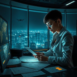 An intense and visually gripping scene reflecting the themes of 'The Osiris Agenda', a conspiracy thriller set in a near-future world