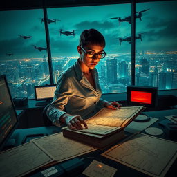 An intense and visually gripping scene reflecting the themes of 'The Osiris Agenda', a conspiracy thriller set in a near-future world