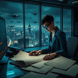 An intense and visually gripping scene reflecting the themes of 'The Osiris Agenda', a conspiracy thriller set in a near-future world