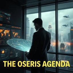 A striking visual representation of 'The Osiris Agenda', depicting a conspiracy thriller in a near-future setting