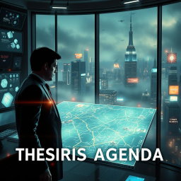 A striking visual representation of 'The Osiris Agenda', depicting a conspiracy thriller in a near-future setting