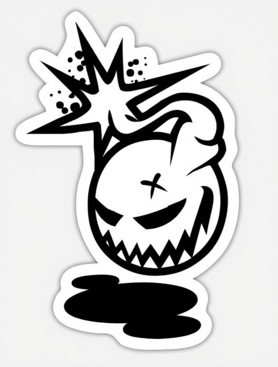 A stylized design featuring a cartoonish skull bomb with a jagged smile and crossed-out eyes, exploding with a starburst effect at the top