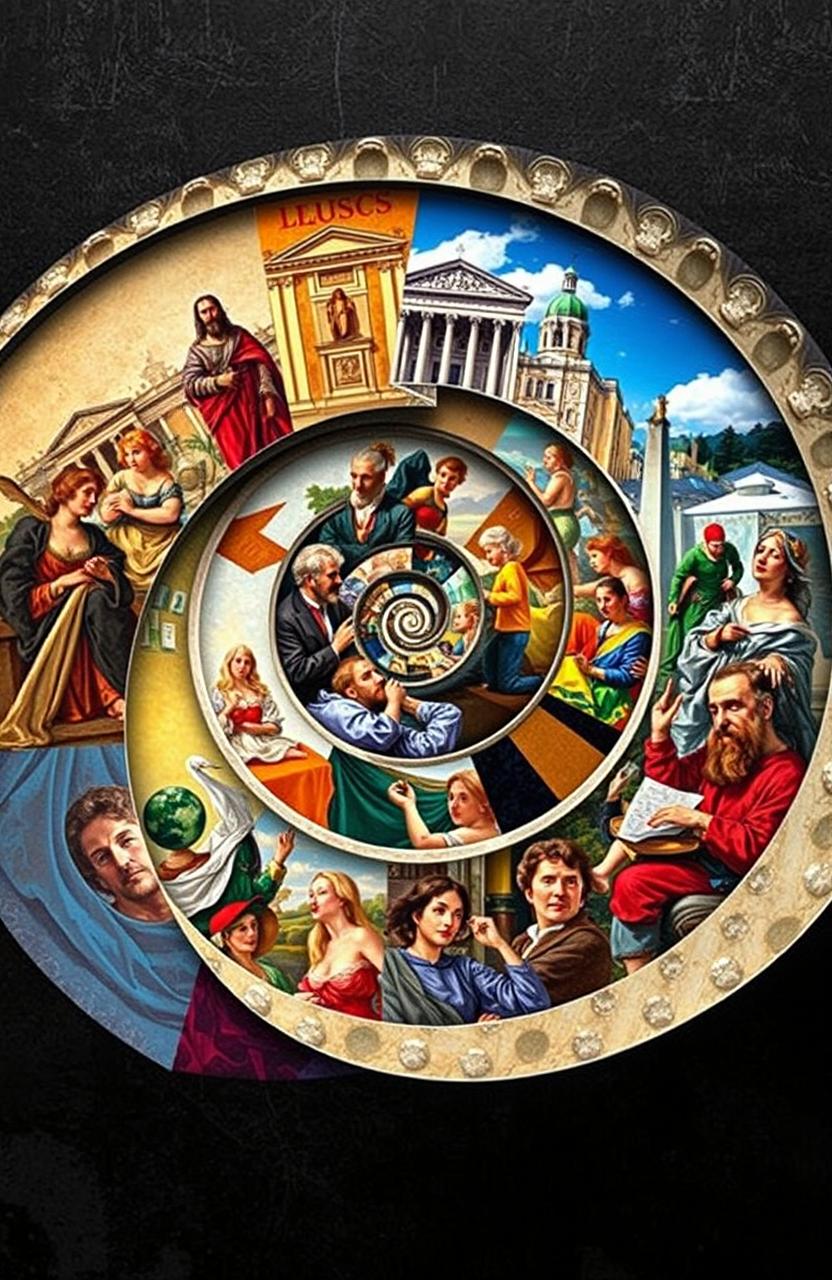 A visually captivating composition based on the Fibonacci spiral, seamlessly integrating various art styles within its sections