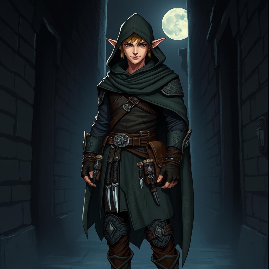 A half-elf male rogue character standing confidently in a shadowy alleyway, wearing a stylish, fitted leather armor adorned with intricate patterns, a dark hood covering part of his face, and a cloak that billows softly in the breeze