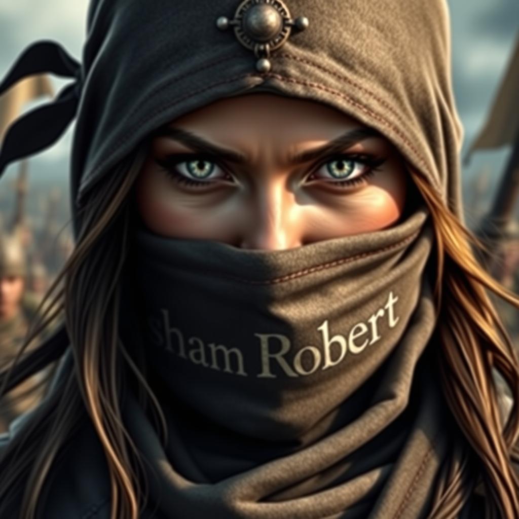 A fierce female warrior's face, wearing a traditional mask or scarf that covers most of her face
