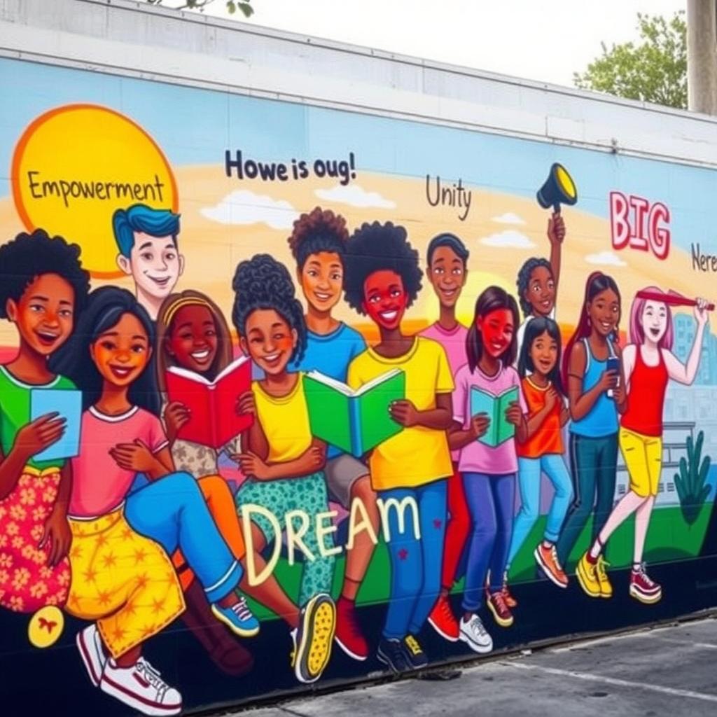 A vibrant and inspiring mural depicting a diverse group of young people engaged in various activities symbolizing hope and empowerment