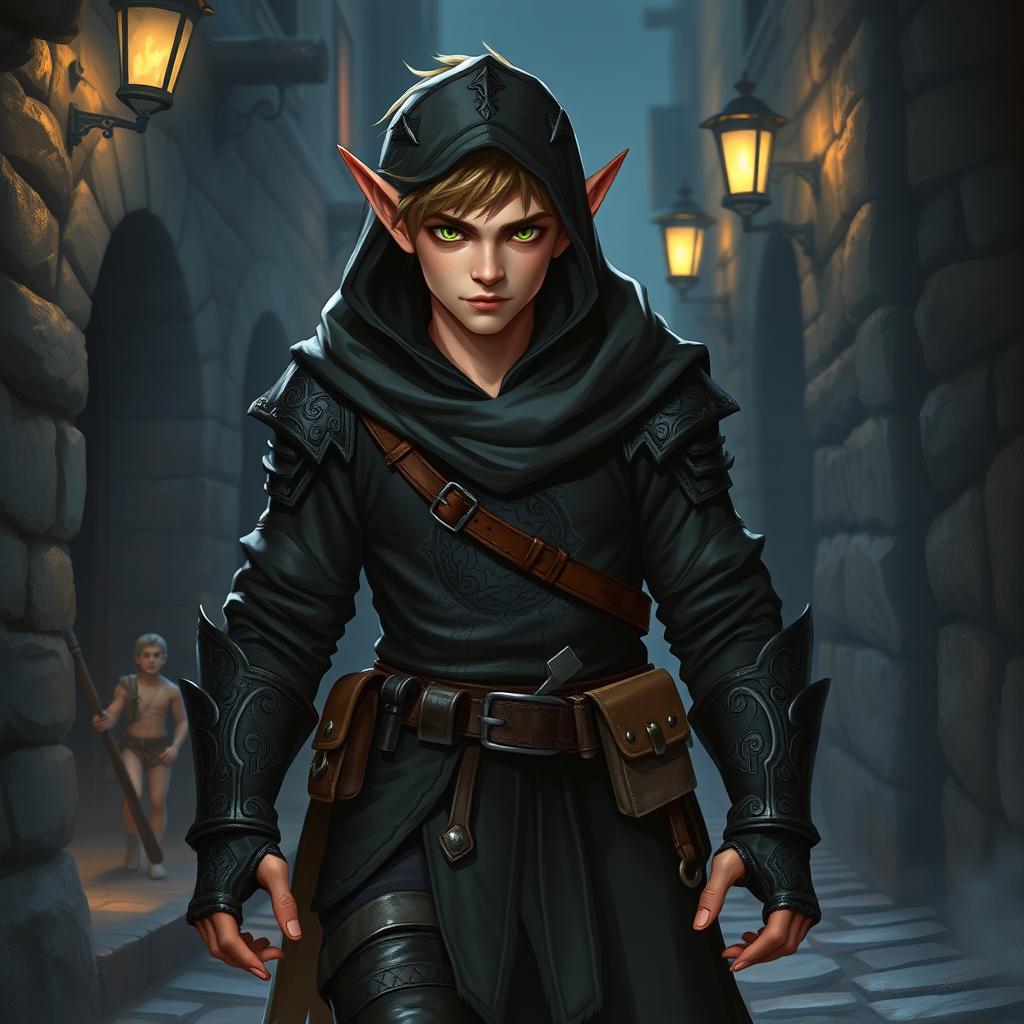 A half-elf male rogue thief, depicted as agile and stealthy, with pointed ears and a cunning expression
