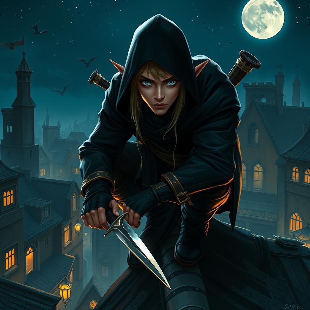 A half-elf male thief with striking features, combining the delicate, pointed ears of an elf with the ruggedness of a human
