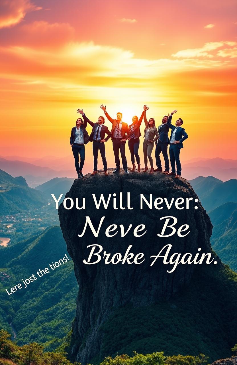 A motivational scene featuring a diverse group of successful individuals standing triumphantly on a tall mountain peak, overlooking a vast, vibrant landscape