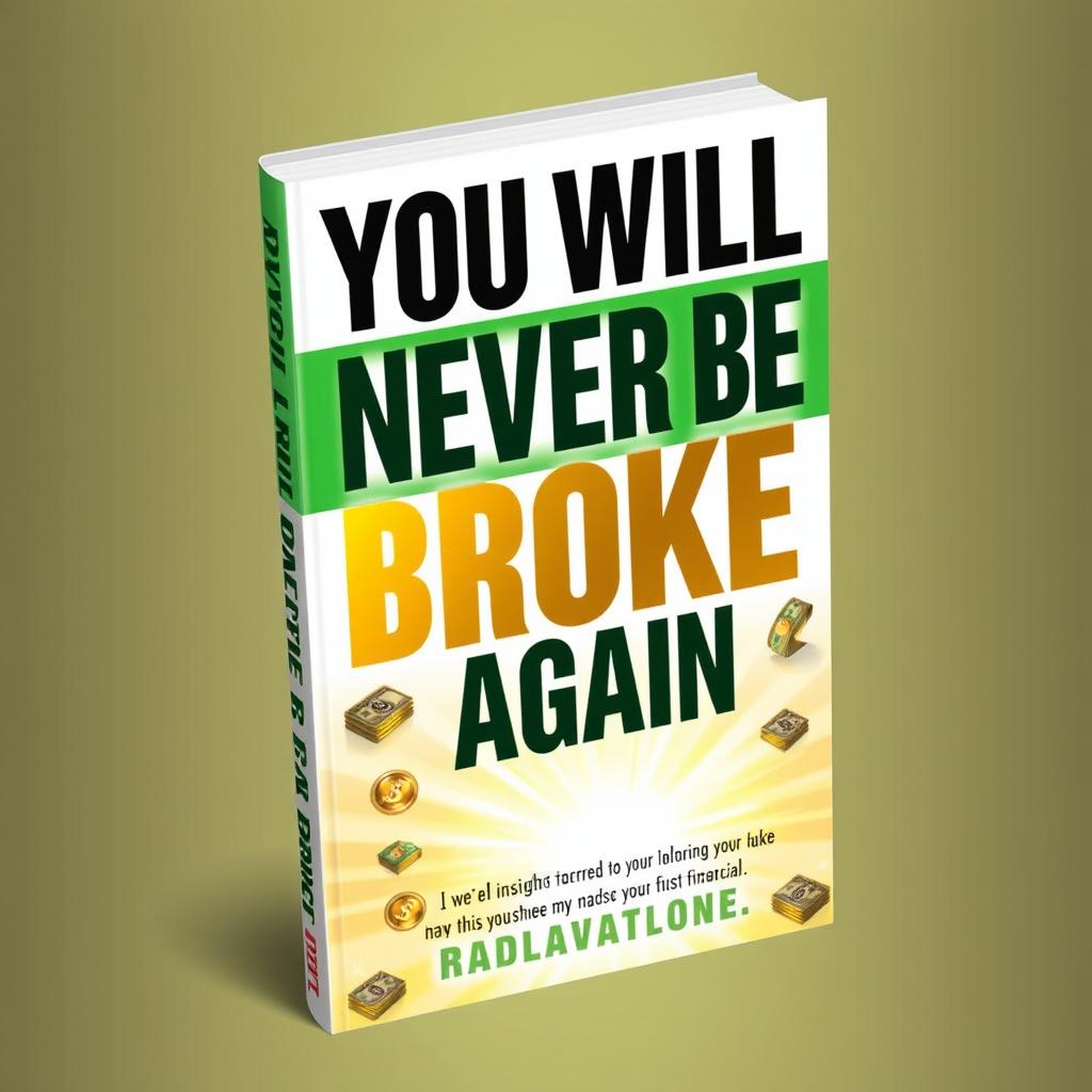 A motivational and uplifting book cover titled 'You Will Never Be Broke Again'