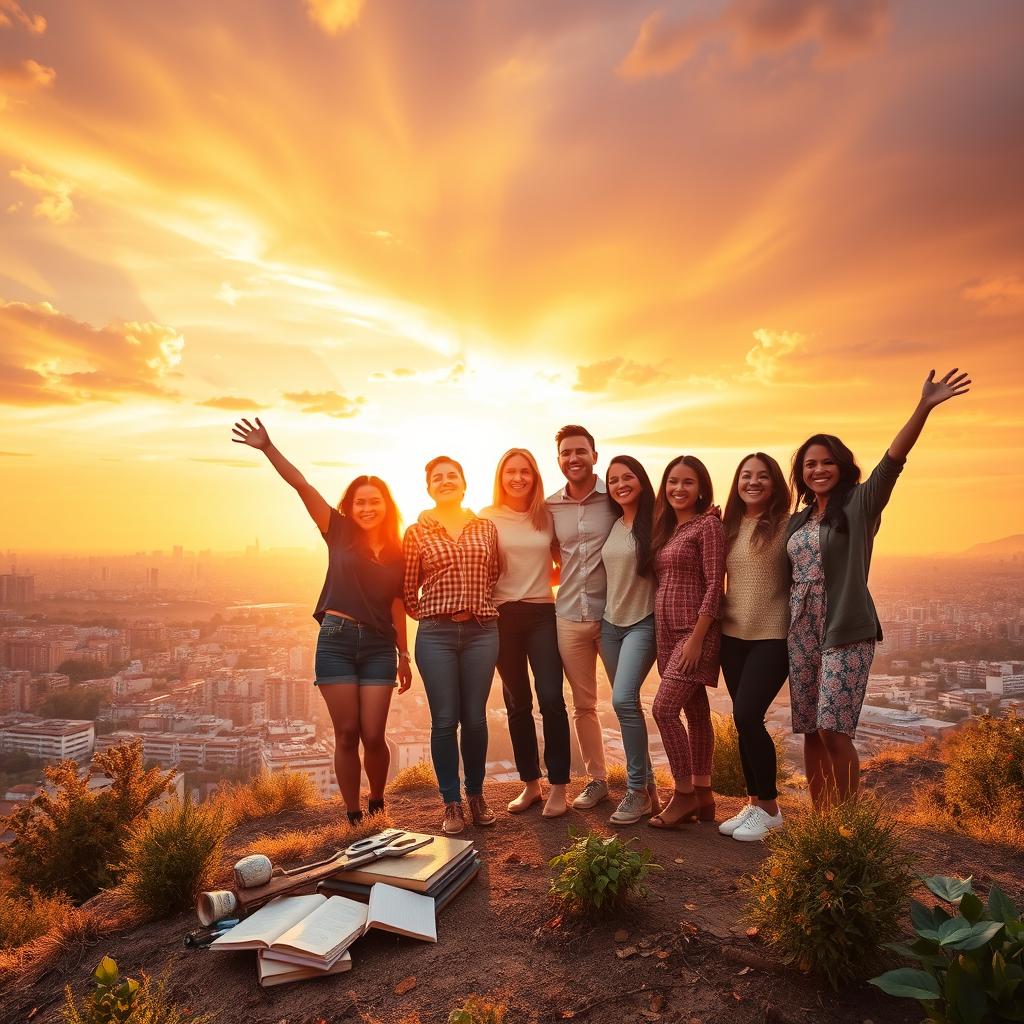 An inspiring scene of a diverse group of people standing triumphantly on top of a hill at sunset, looking out over a prosperous cityscape