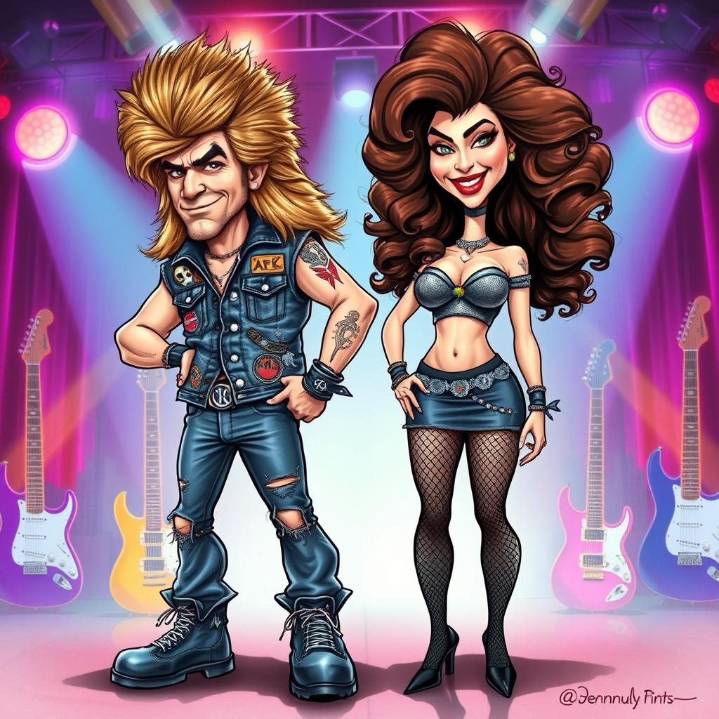 A humorous and exaggerated full-body caricature of an 80's hair metal couple featuring iconic mullet hairstyles