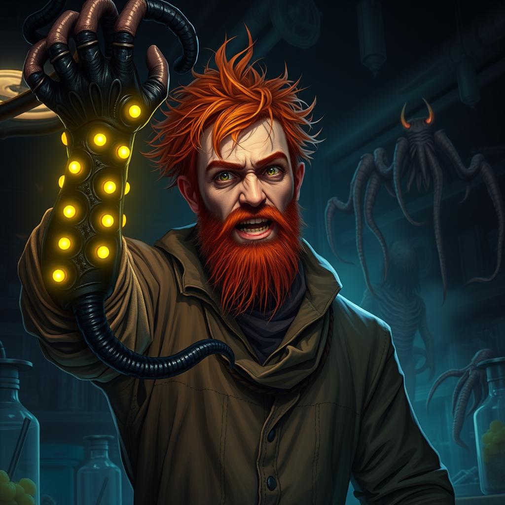 A male human alchemist-inventor character inspired by the style of the game Prey (2017)