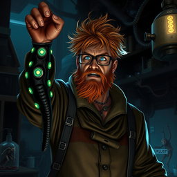 A male human alchemist-inventor character inspired by the style of the game Prey (2017)