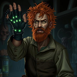 A male human alchemist-inventor character inspired by the style of the game Prey (2017)