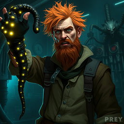 A male human alchemist-inventor character inspired by the style of the game Prey (2017)