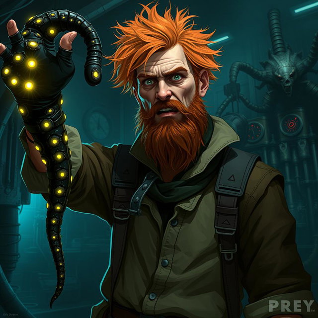 A male human alchemist-inventor character inspired by the style of the game Prey (2017)