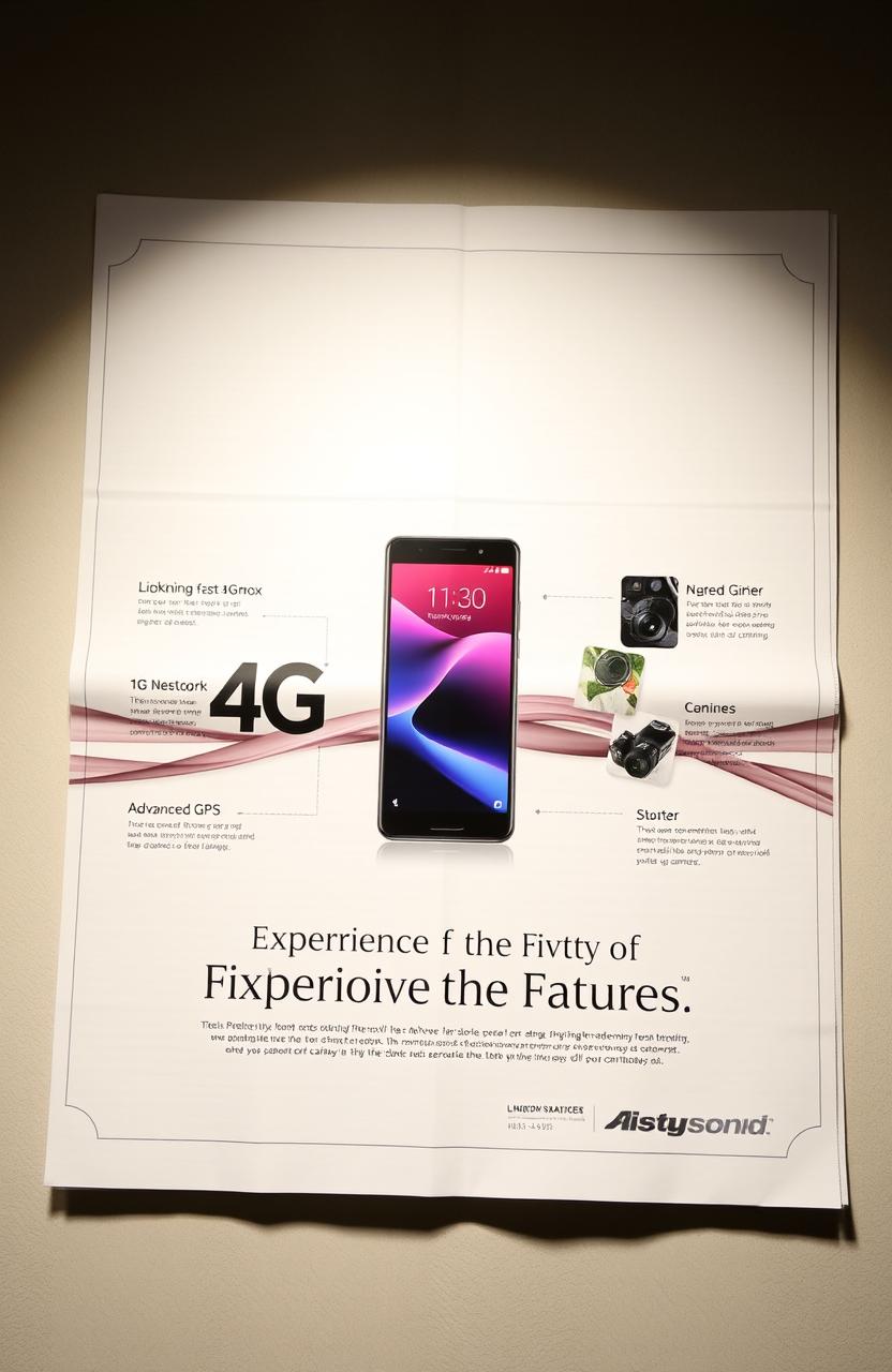 An elegant newspaper advertisement showcasing a high-end smartphone featuring a sleek design