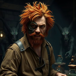 A male human alchemist-inventor character from a fantasy dungeon setting, age 35
