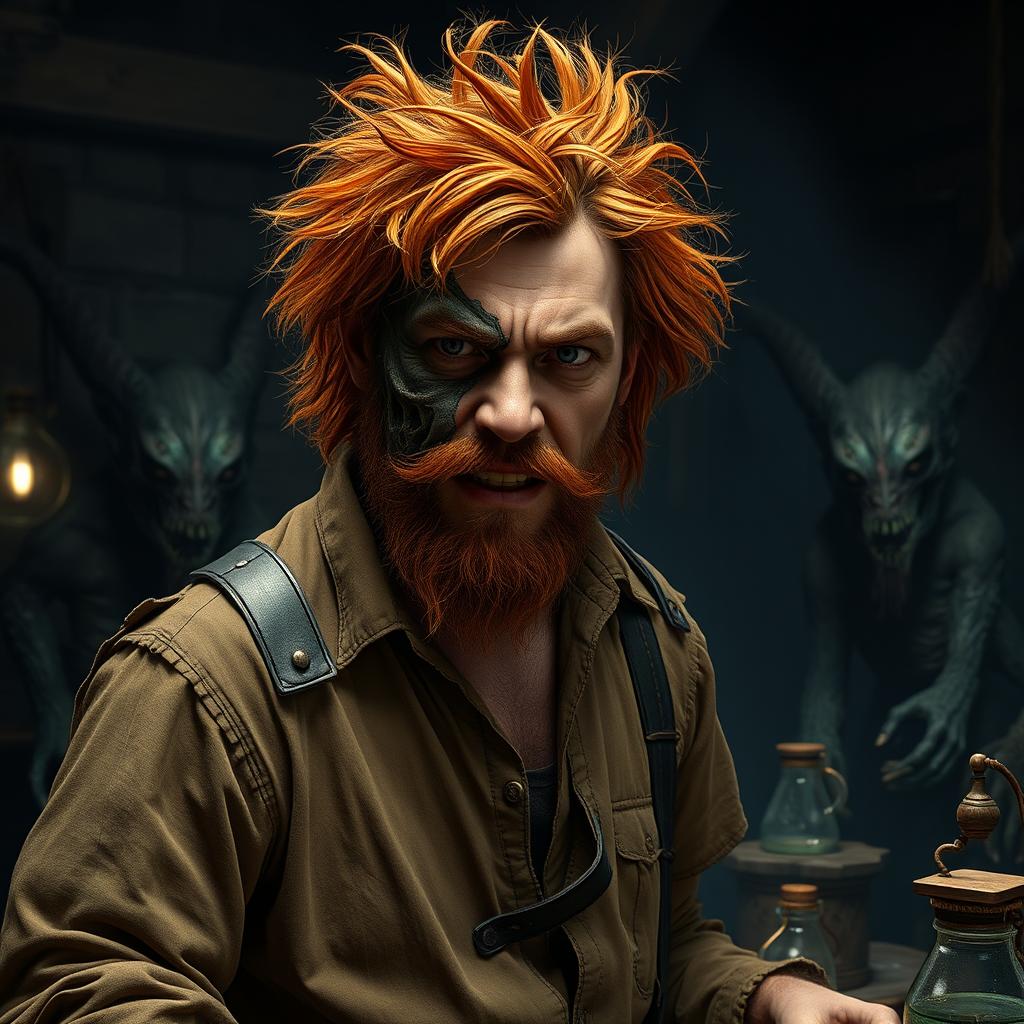 A male human alchemist-inventor character from a fantasy dungeon setting, age 35