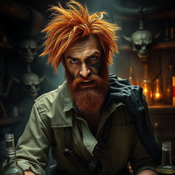 A male human alchemist-inventor character from a fantasy dungeon setting, age 35