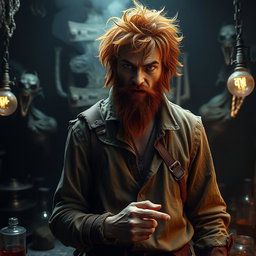 A male human alchemist-inventor character from a fantasy dungeon setting, age 35