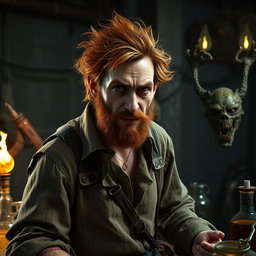 A male human alchemist-inventor character from a fantasy dungeon setting, age 35