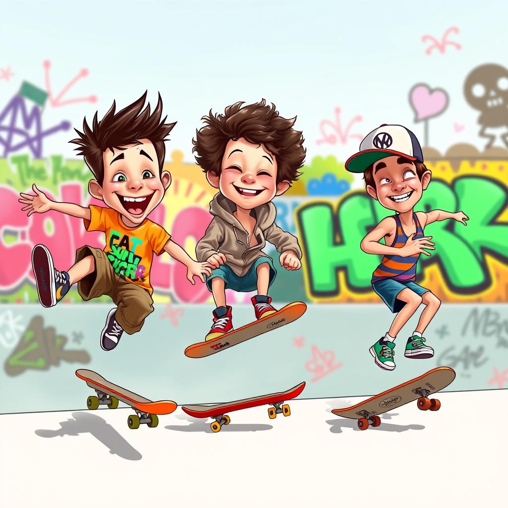 A lively caricature featuring three kids on skateboards, each displaying their unique style and personality