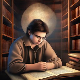 A high-quality digital art image featuring a young mathematician named Alan in a bustling city called Mathematica